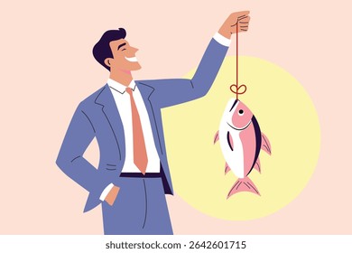 business growth success concept, happy laughing business man catching a fish, fishy investment, scam or scammer, cartoon vector