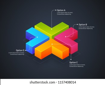 Business growth or success concept with isometric infographic elements with fourth levels on black background.