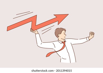 Business growth, success and improvement concept. Happy determined strong businessman cartoon character throwing rising up red arrow to achieve goal vector illustration 