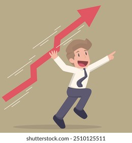Business growth, success and improvement concept.Happy determined strong businessman character throwing rising up red arrow to achieve goal vector illustration.vector.illustration