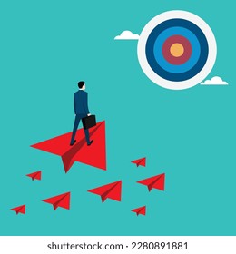 Business growth success. New business search ideas business. businessman stands on paper airplanes. Target, Vision, Achievement, Business vector flat concept illustration 