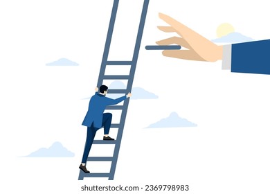 business growth success and teamwork, helping hand and career development, Big hands help businessman build ladder, business growth. Successful business people working together. vector illustration.