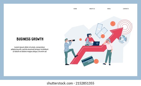 Business growth and successful development website banner mockup, vector cartoon flat illustration. Increase profits and profit increase for web page or marketing material.
