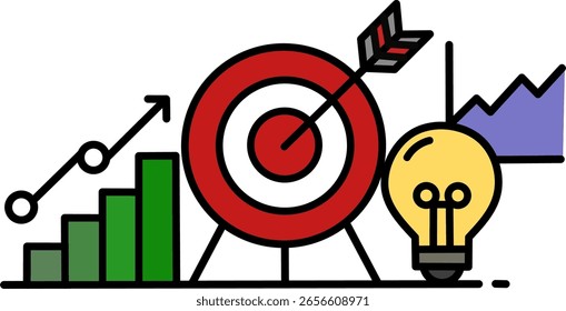Crescimento dos negócios e vetor-alvo - Ilustração em cores planas de um gráfico de seta, alvo de bullying e lâmpada representando a estratégia, a inovação e a realização de metas para o sucesso comercial e de marketing