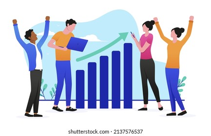 Business growth team - Group of people cheering and celebrating success in front of rising chart and green arrow pointing up. Flat design vector illustration on white background