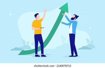 Business growth - Two businessman in casual clothing with green arrow pointing upwards to growth. Flat design vector illustration with white background