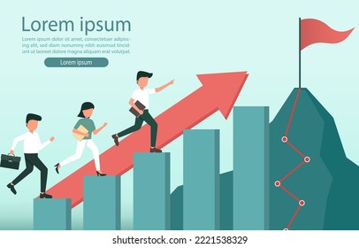 Business growth up. A businessman runs up the mountain to reach his goal by stairs. To success, goals, career, leadership. Business start up concept. Vector illustration Eps 10.