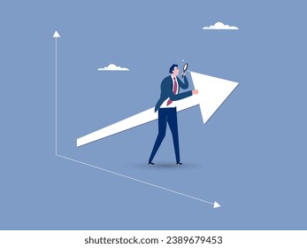 Concepto de vector de crecimiento empresarial con gráfico de flecha arriba y símbolo de hombre de negocios, símbolo de éxito. Ilustración del vector de logro académico 