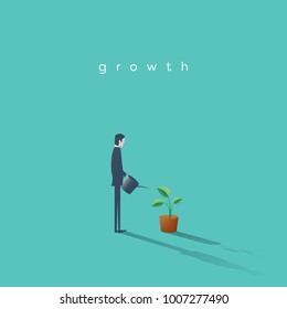 Business growth vector concept with businessman watering plant. Symbol of progress, success, motivation, ambition. Eps10 vector illustration.