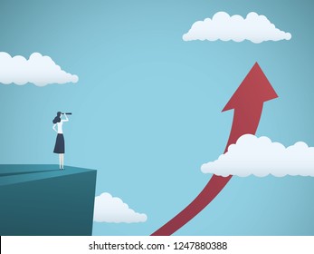 Business growth vector concept with businessman looking through telescope at upward arrow. Symbol of business success, ambition, motivation and vision. Eps10 vector illustration.