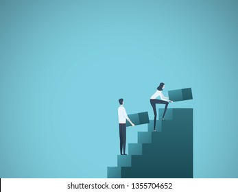 Business Growth Vector Concept With Businessman And Businesswoman Building Steps As Team. Symbol Of Success, Achievement, Ambition, Motivation And Teamwork. Eps10 Vector Illustration.