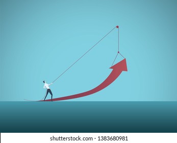 Business growth vector concept with businessman pulling arrow up on pulley. Symbol of success, achievement, challenge, power, strength and leadership. Eps10 vector illustration.