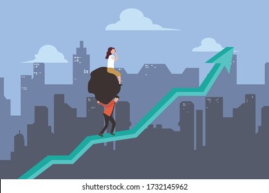 Business growth vector concept: businessman carrying a big rock boulder with his business partner sitting on it while climbing a line chart
