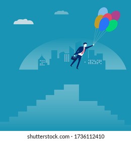 Business growth vector concept: Businessman flying with balloons escaping from a financial crisis