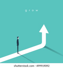 Business growth vector concept with businessman and vertical arrow going up. Eps10 vector illustration for success and career development.