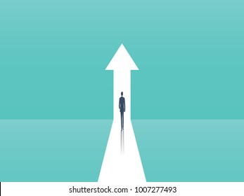 Business growth vector concept with man walking towards upwards arrow. Symbol of success, promotion, career development. Eps10 vector illustration.