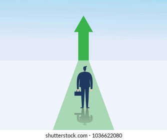 Business growth vector concept.
man walking towards upwards arrow.
Symbol of success, promotion,
career development.
Vector flat cartoon character design illustration.   