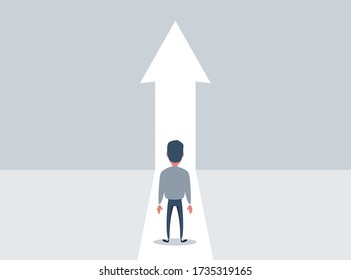 Business growth vector concept with man walking towards upwards arrow. Symbol of success, promotion, career development. vector illustration.