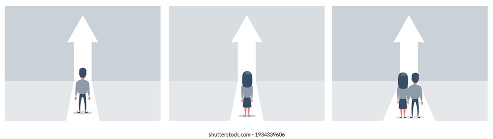 Business growth vector concept with man walking towards upwards arrow. Symbol of success, promotion, career development. Set , collection. Stock flat vector illustration.