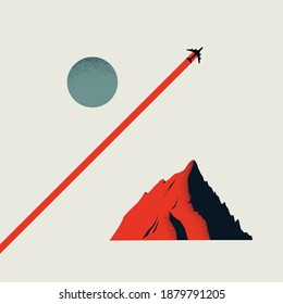 Business growth vector concept with plane, aircraft flying over abstract mountain. Symbol of financial success, achievement and investment opportunity. Eps10 illustration.