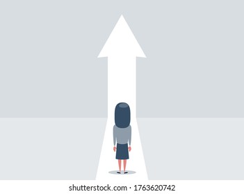 Business growth vector concept with woman walking towards upwards arrow. Symbol of success, promotion, career development. vector illustration.
