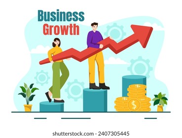 Business Growth Vector Illustration with Arrow Target Direction Up, Increase Profits, Boost and Idea Planning Money Increasing in Flat Background