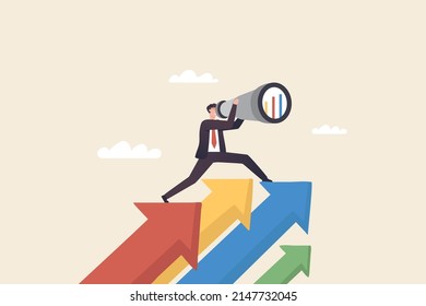 Business growth, vision and goals, Businessman holding a 
binoculars standing on   arrow up to career success.