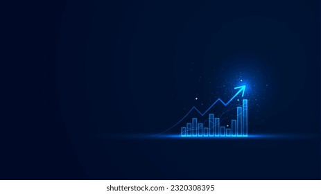 Business growth wallpaper with the glowing bar chart static and up arrow. Stock market growth in futuristic technology style. Graphic of successful financial development on the dark background