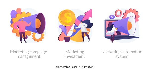 Business growth ways icon set. Workflow modernization. Marketing campaign management, marketing investment, marketing automation system metaphors. Vector isolated concept metaphor illustrations.