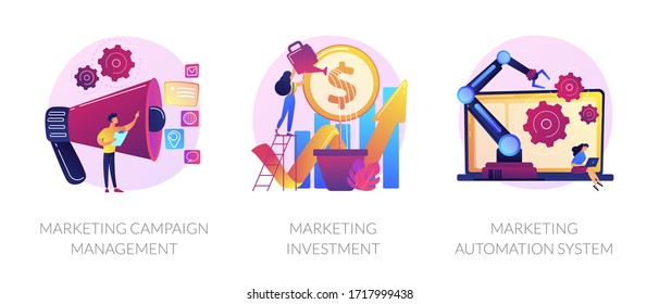 Business growth ways icon set. Workflow modernization. Marketing campaign management, marketing investment, marketing automation system metaphors. Vector isolated concept metaphor illustrations.