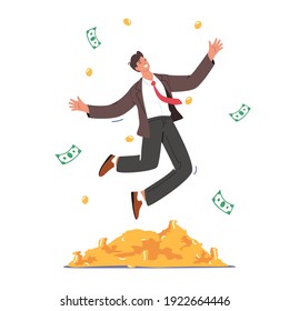 Business Growth, Wealth and Prosperity Concept. Rich Business Man Character Jump on Pile of Golden Coins and Throw Dollar Banknotes. Successful Businessman Millionaire. Cartoon Vector Illustration