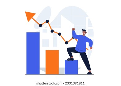 Business growth web concept with character scene. Man rejoices in growth of sales and increase in profits. People situation in flat design. Vector illustration for social media marketing material.