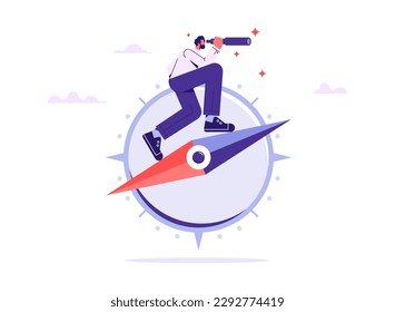 Business guidance direction or opportunity, make decision for business direction, finding investment opportunity, leadership or visionary concept, businessman with binocular and compass