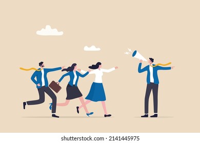 Business guide to move to the right success direction, leadership to tell solution way, support, help or giving instruction concept, businessman with megaphone tell coworkers to walk the right way.