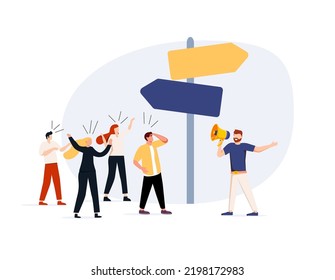 Business guide to move to the right success direction, leadership to tell solution way, support, help or giving instruction concept, businessman with megaphone tell coworkers to walk the right way.