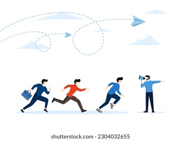 Business guide to move towards true success, helping or instructing concept, leadership to tell the way of solutions, support, businessman with megaphone telling colleagues to walk on the right path.