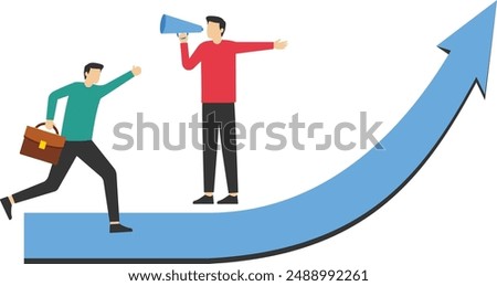 Business guide to move towards true success, helping or instructing concept, leadership to tell the way of solutions, support, businessman with megaphone telling colleagues to walk on the right path.