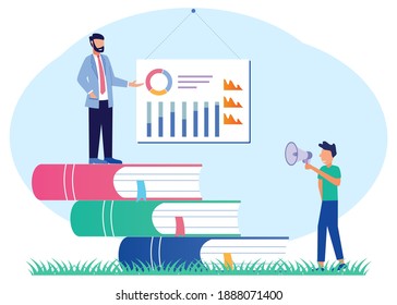 A business guide stands on a pile of books. Character of people Looking for information, ideas, consulting, education, business and lifestyle. Modern vector illustration.