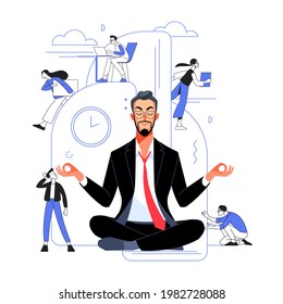 Business guru character. Happy Business man meditating vector modern concept illustration mechanism teamwork. Skill job cooperation coworker person with the business process and teamwork.