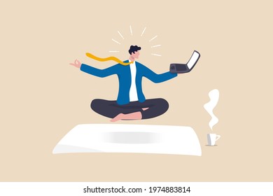 Business guru or expertise, professional advisor or consultant, smart thinking to solve problem concept, genius businessman sitting meditate working with computer laptop floating in the air.