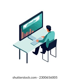 Business Guy arbeitet am Schreibtisch mit Computer-Symbol