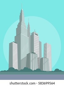 Business and habitable skyscrapers with flat and sharp roofs in city center. Vector illustration of futuristic urban buildings for various purposes on light azure background. Modern city construction