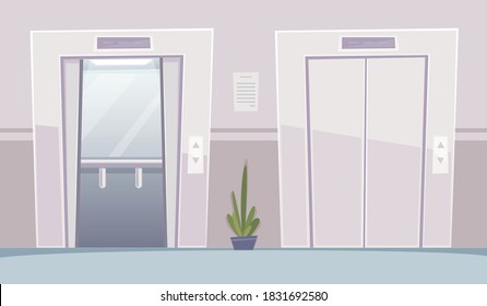Ascensor de la sala de negocios. Edificio de oficinas con puertas abiertas elevadores vestibulos interior vectores de fondo de caricatura