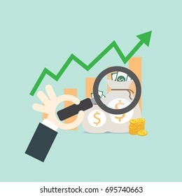Business han hold Magnifying glass Vector growth concept in flat style - stack of golden coins and graph, Investment concept
