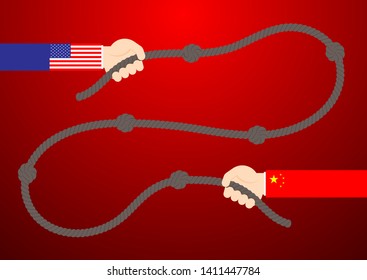 Business Hand of America and China flag pull rope knot (tug of war game), Trade war and tax crisis concept design illustration isolated on red gradients background with copy space, vector eps 10