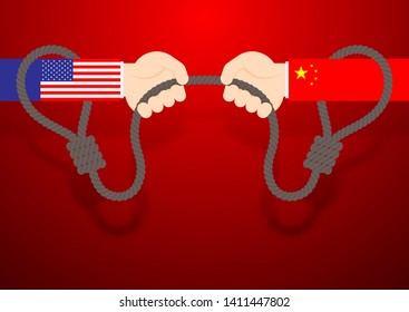 Business Hand of America and China flag pull rope lasso (tug of war game), Trade war and tax crisis concept design illustration isolated on red gradients background with copy space, vector eps 10