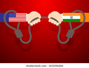 Business Hand of America and India flag pull rope lasso (tug of war game), Trade war and tax crisis concept design illustration isolated on red gradients background with copy space, vector eps 10