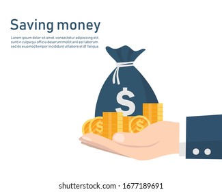 Business Hand With Bag And Coin Money. Saving Money Concept. Vector Illustration Flat Design. Isolated On White Background. Return On Investment. Income And Compensation. 