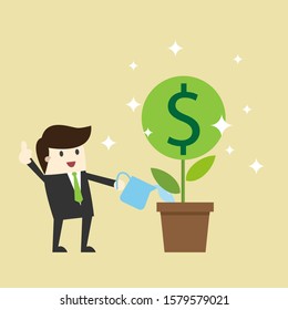 Business Hand with can watering money tree. Financial growth concept.
