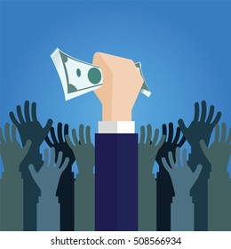 Business hand cash the money dollars and Hand holds a lot of money up for grabs, vector cartoon.